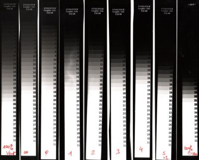 Echelle de gris Stouffer T3110 à différents grades + 1 échelle avec led verte + 1échelle avec led bleu
