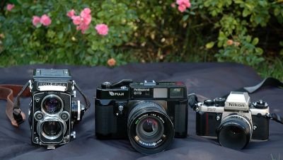 comparaison Fuji GW690 II avec Nikon F3 et Rolleiflex 3,5F

