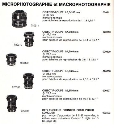 Objectifs macro pour grand format, catalogue Linhof 1976
