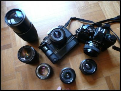 Minolta
Minolta x700, 28mm 2,8 et Moteur MD1
Minolta x500 50mm 1,7 et winder
Minolta MD 24mm 2,8
Minolta MD 35mm 2,8
Minolta MD 50mm 1,4
Minolta MD 35-70mm 3,5
Minolta MD 70-210 4
